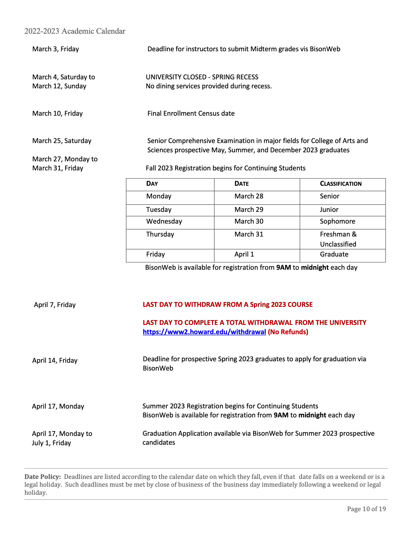 Academic Calendar 22-23 | Howard University